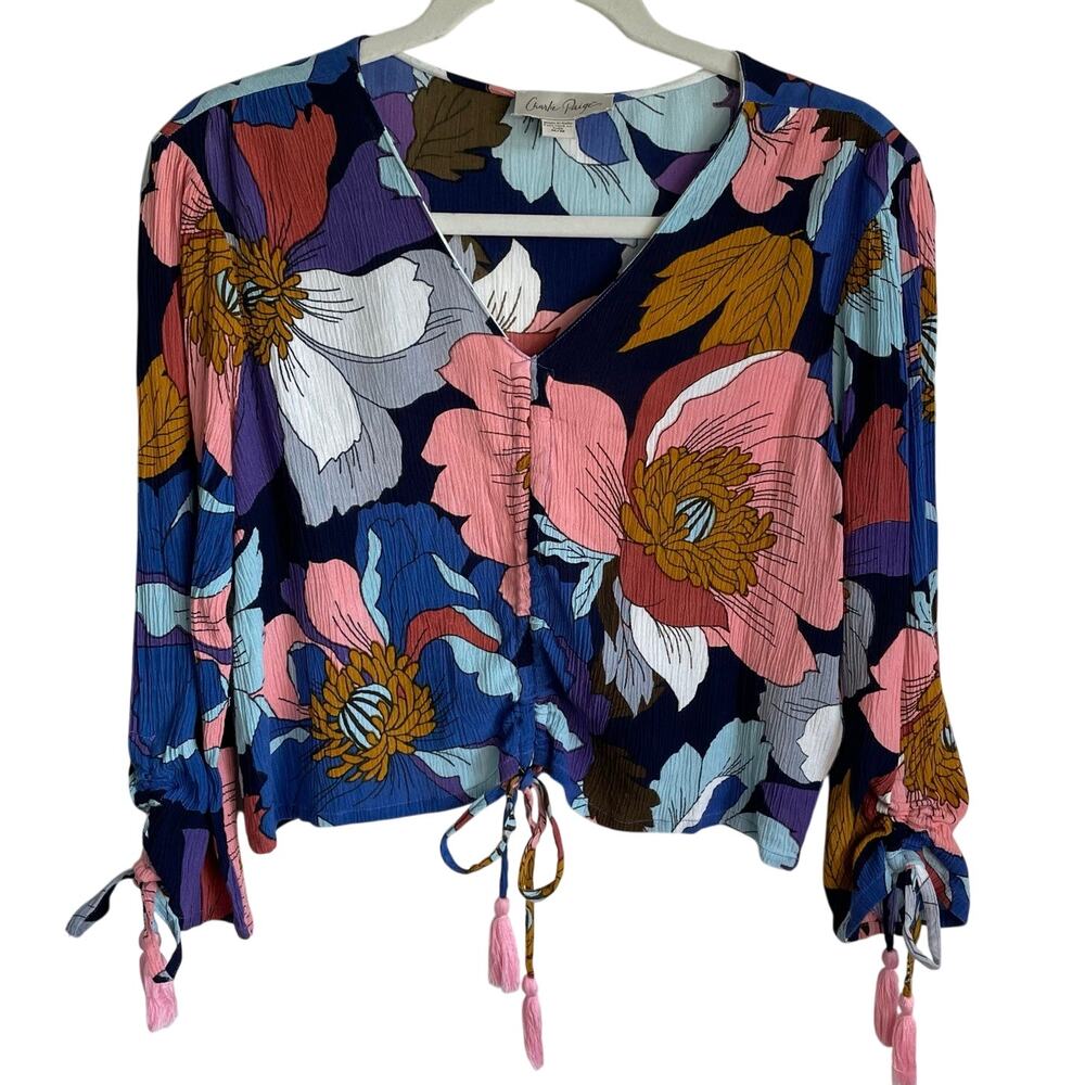 Charlie Paige Crop Top Blouse Sz M Tie Front Tassels Bold Floral Colorful Fairy